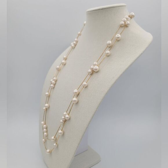 Necklace Faux Pearl & Gold Tone Double Strand Classic Necklace #443 - Picture 2 of 11
